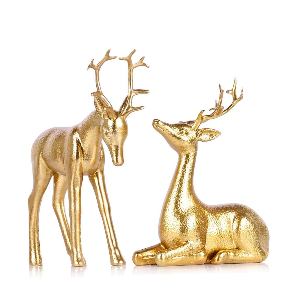 4963 Set of 2 Gold Reindeer Christmas Decor Figurines - Hand-Painted Resin